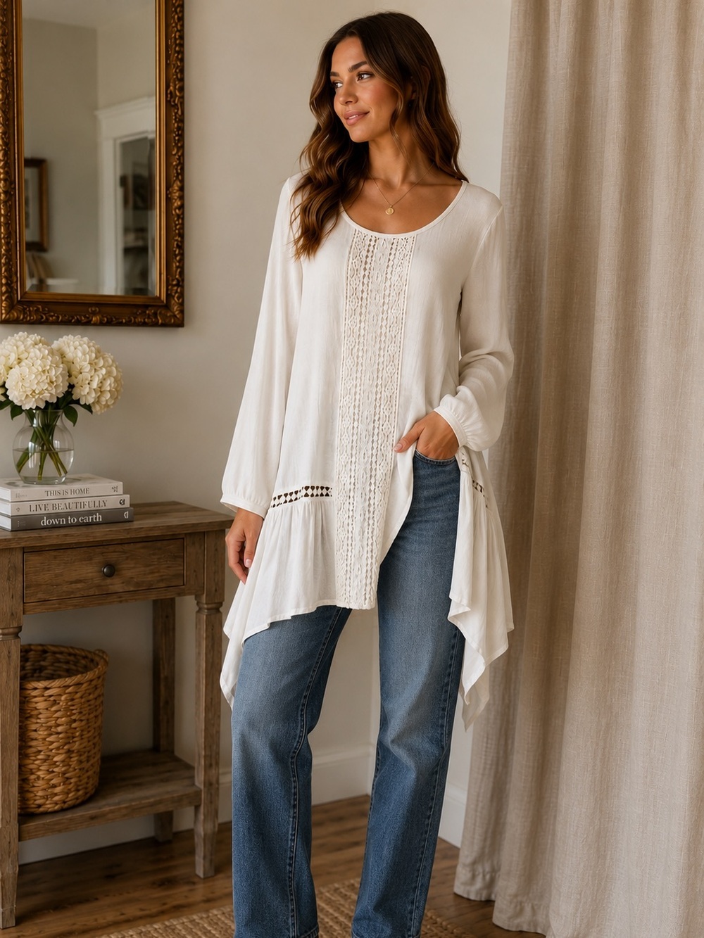 Women's Cream Crochet-Trim Long Sleeve Tunic Top or Dress